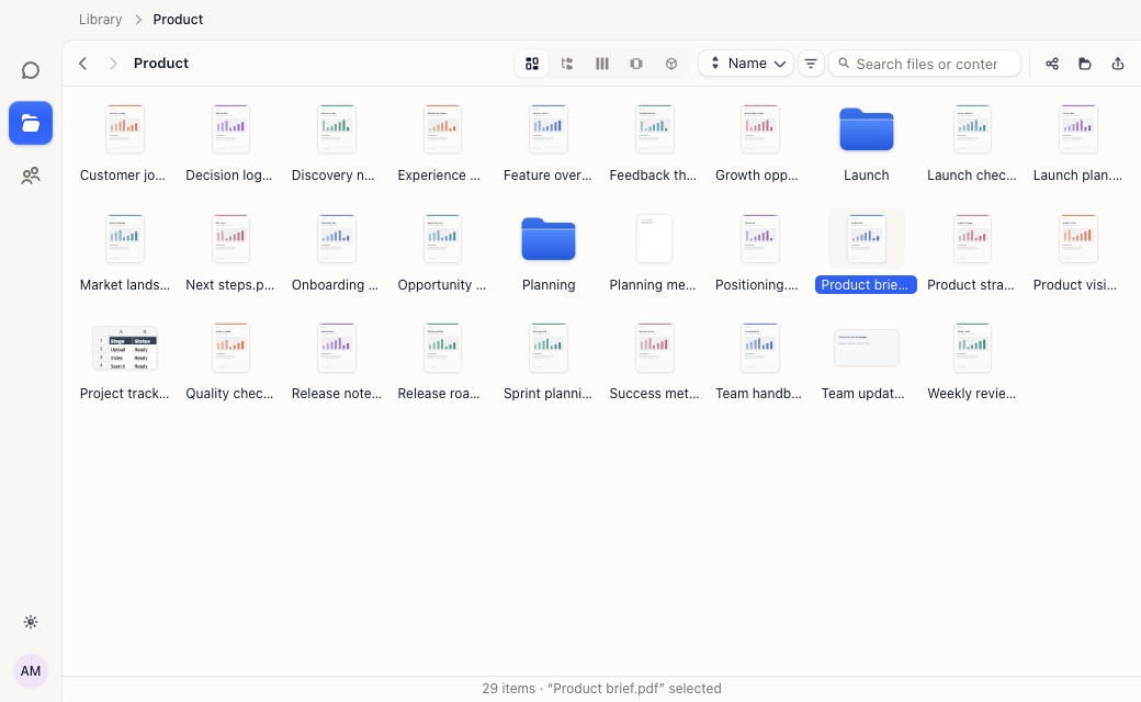Grid view with document covers and folders