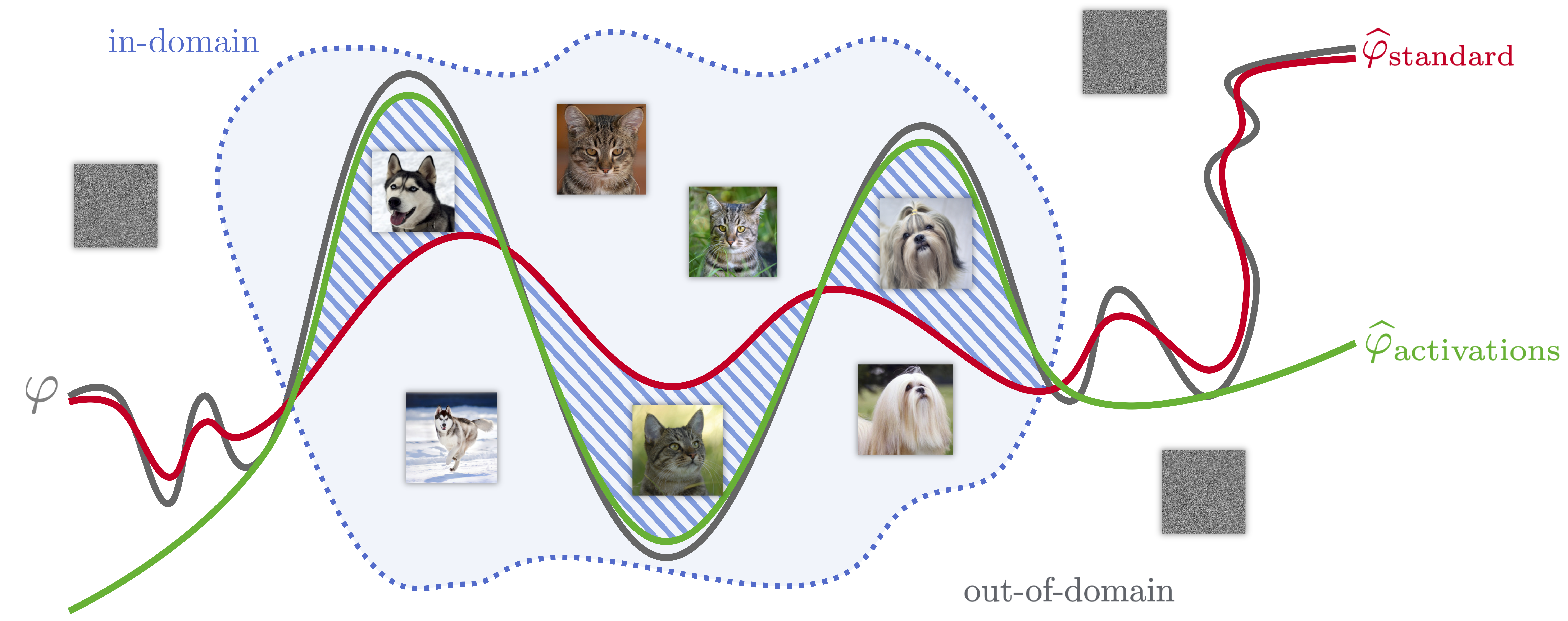 Illustration of our method. We approximate a binary classifier $arphi$ that labels images $x$ as dogs or cats by quantizing its weights.
extbf{Standard method}: quantizing $arphi$ with the standard objective function qref{eq:pq_obj} leads to a classifier $idehat arphi_{ext{bad}}$ that tries to approximate $arphi$ over the entire input space and thus performs badly for in-domains inputs.
extbf{Our method}: quantizing $arphi$ with our objective function qref{eq:ours_obj} leads to a classifier  $idehat arphi_{ext{good}}$ that performs well for in-domain inputs.
enjamin{Maybe move the $idehat arphi_{ext{bad}}$ and $idehat arphi_{ext{good}}$ labels from the top left corner into the image close to the respective lines. Then the $hi(x)$ can come down a little.