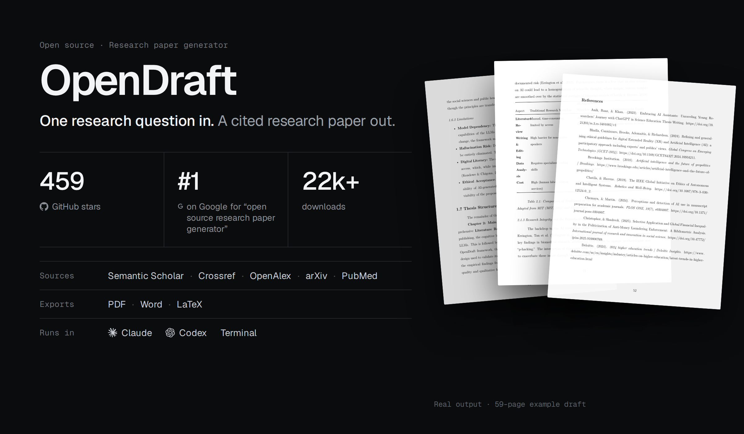 OpenDraft: 459 GitHub stars, #1 on Google for open source research paper generator, 22k+ downloads