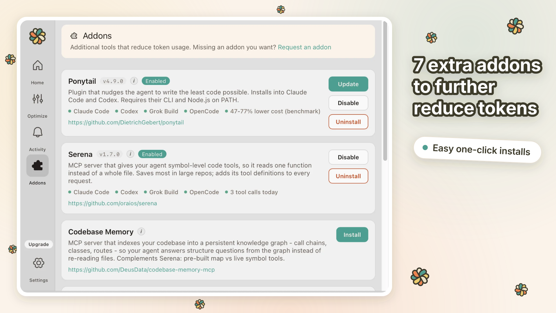 Addons screen - one-click token-saving addons