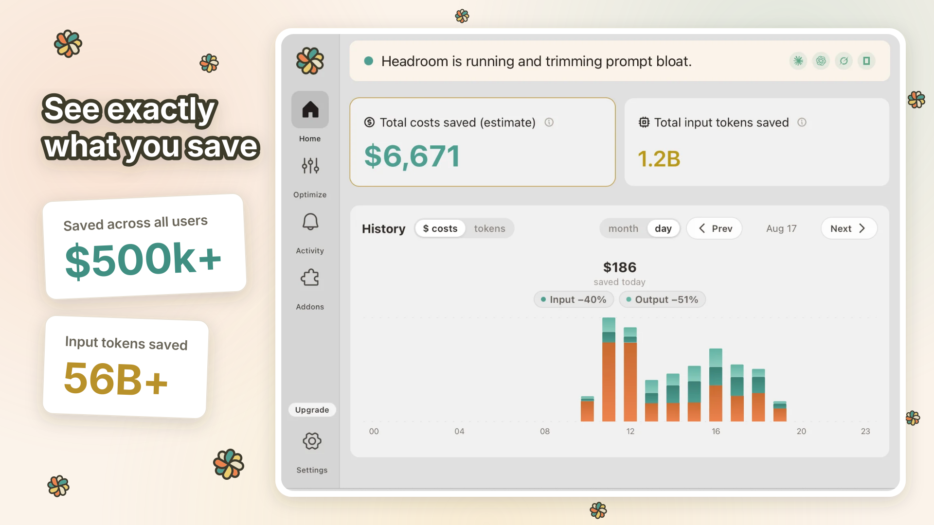 Savings dashboard - total costs and input tokens saved, with daily history