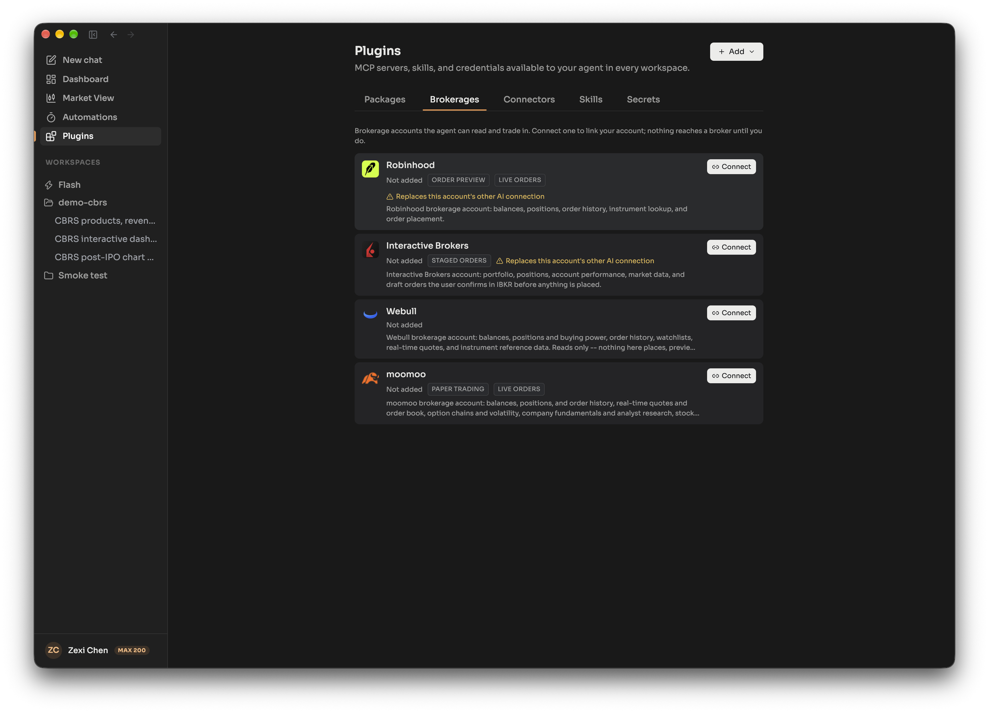Brokerages tab of the Plugins page, showing what each brokerage connection can do