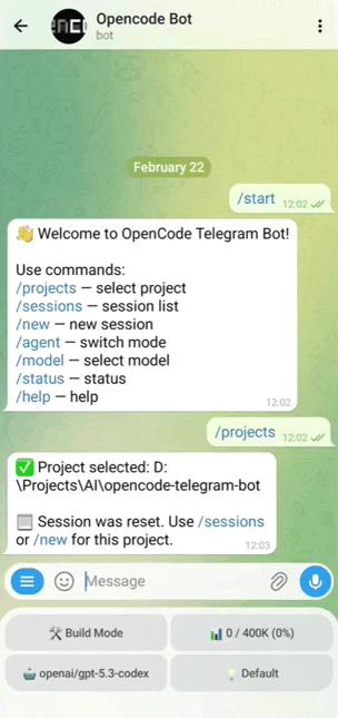 OpenCode Telegram Bot screencast