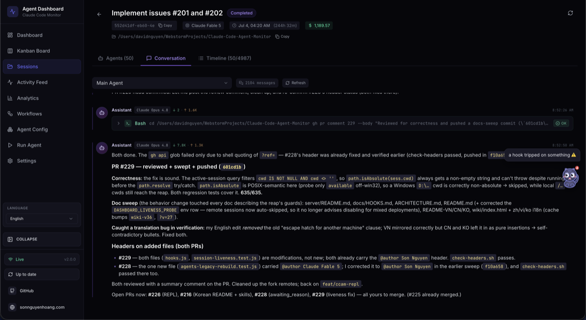 Rendered agent conversation with code and tool activity