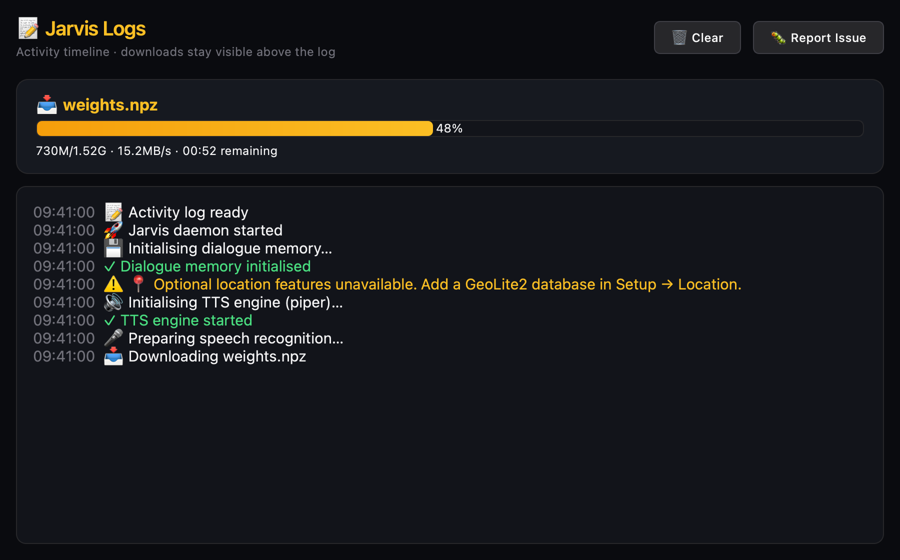 Jarvis Logs showing a speech model download at 48 percent, transferred bytes, speed, remaining time and a yellow optional-location warning