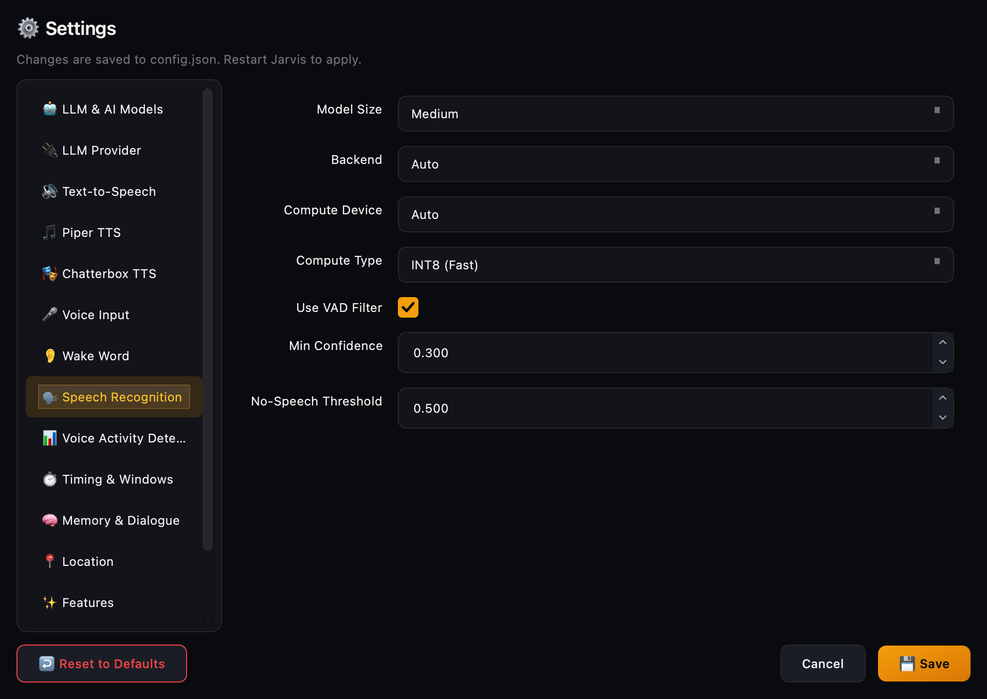 Jarvis Settings with a category sidebar and speech recognition controls