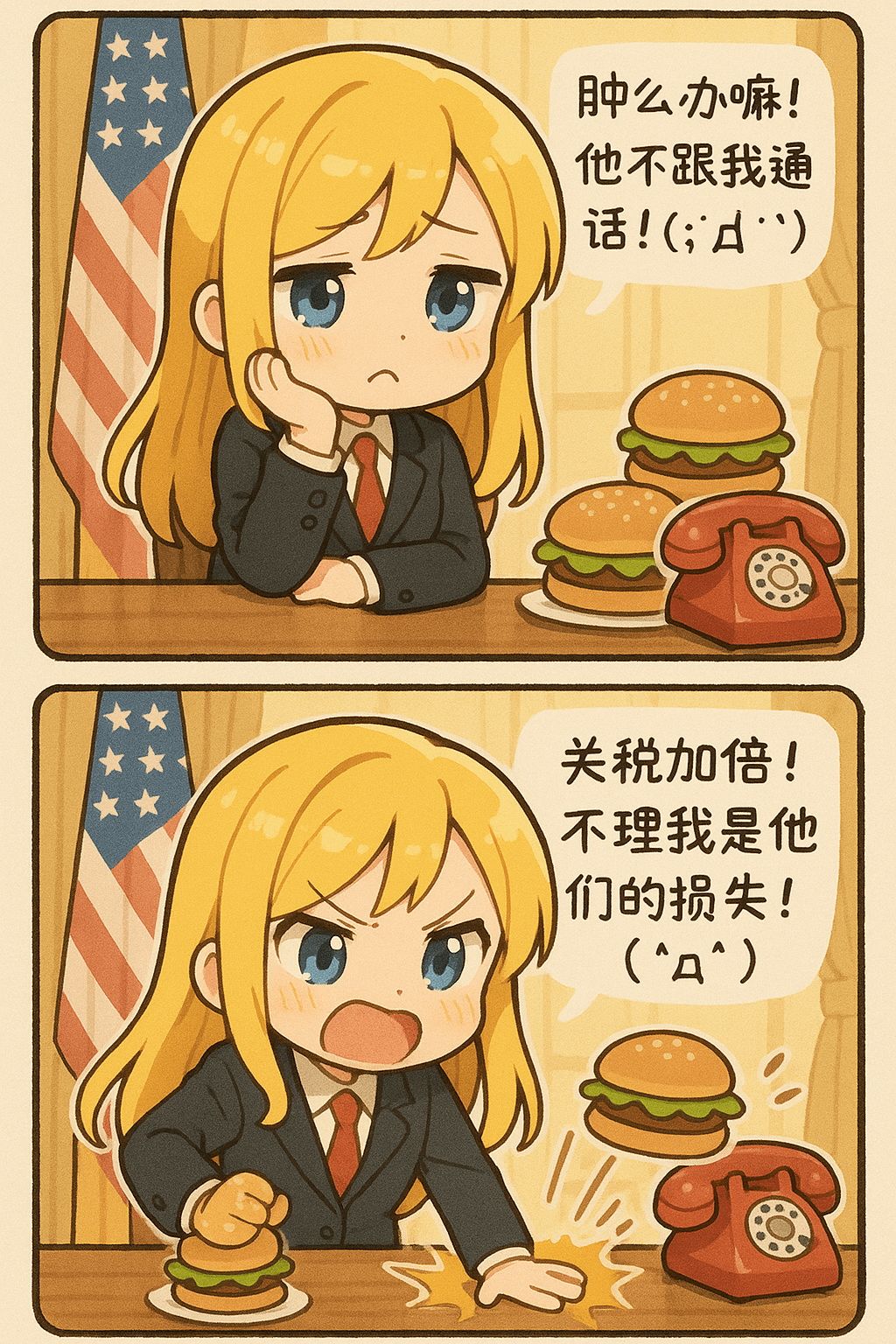 日系双格漫画:少女总统因电话未接通而生气加关税