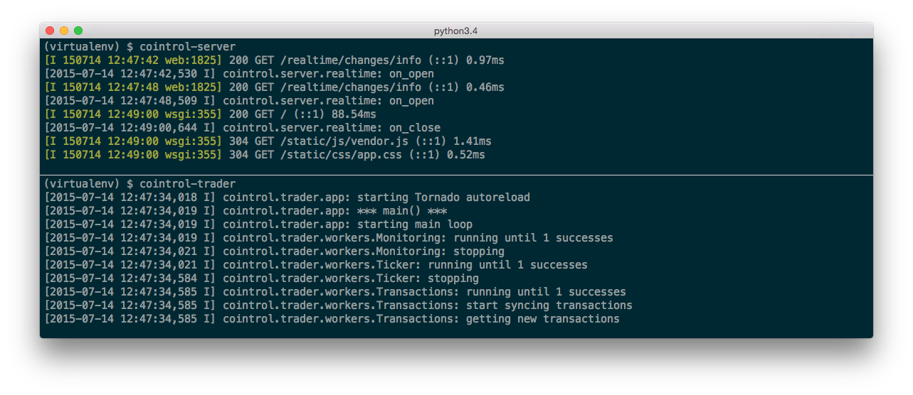 cointrol-server and cointrol-trader running in the terminal cointrol-server and cointrol-trader running in the terminal