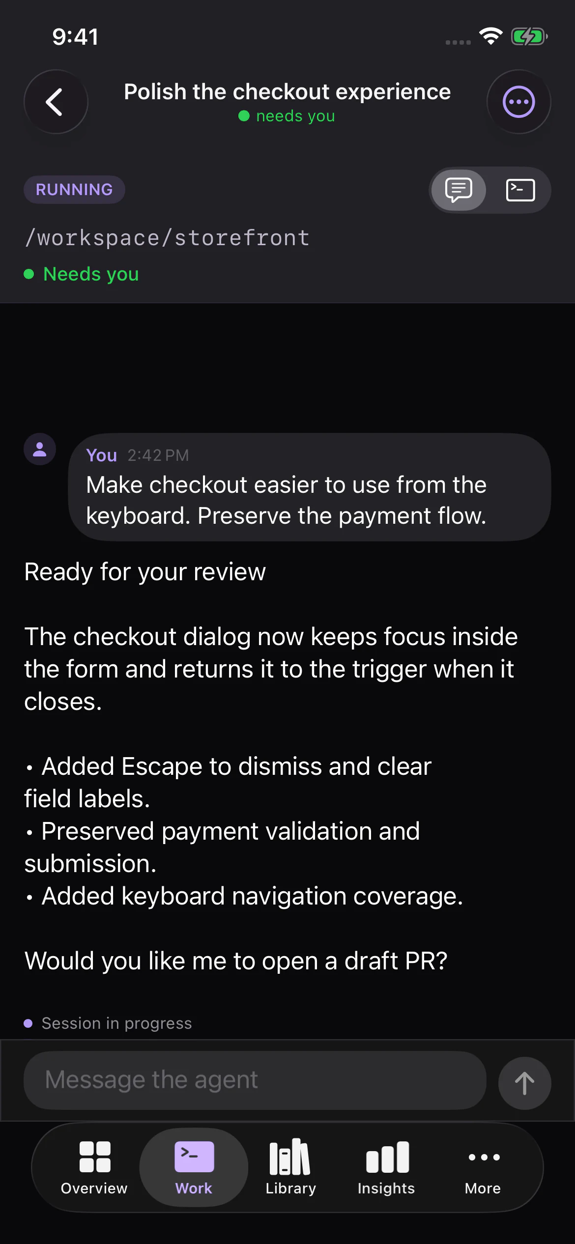 iOS agent session with a reply composer