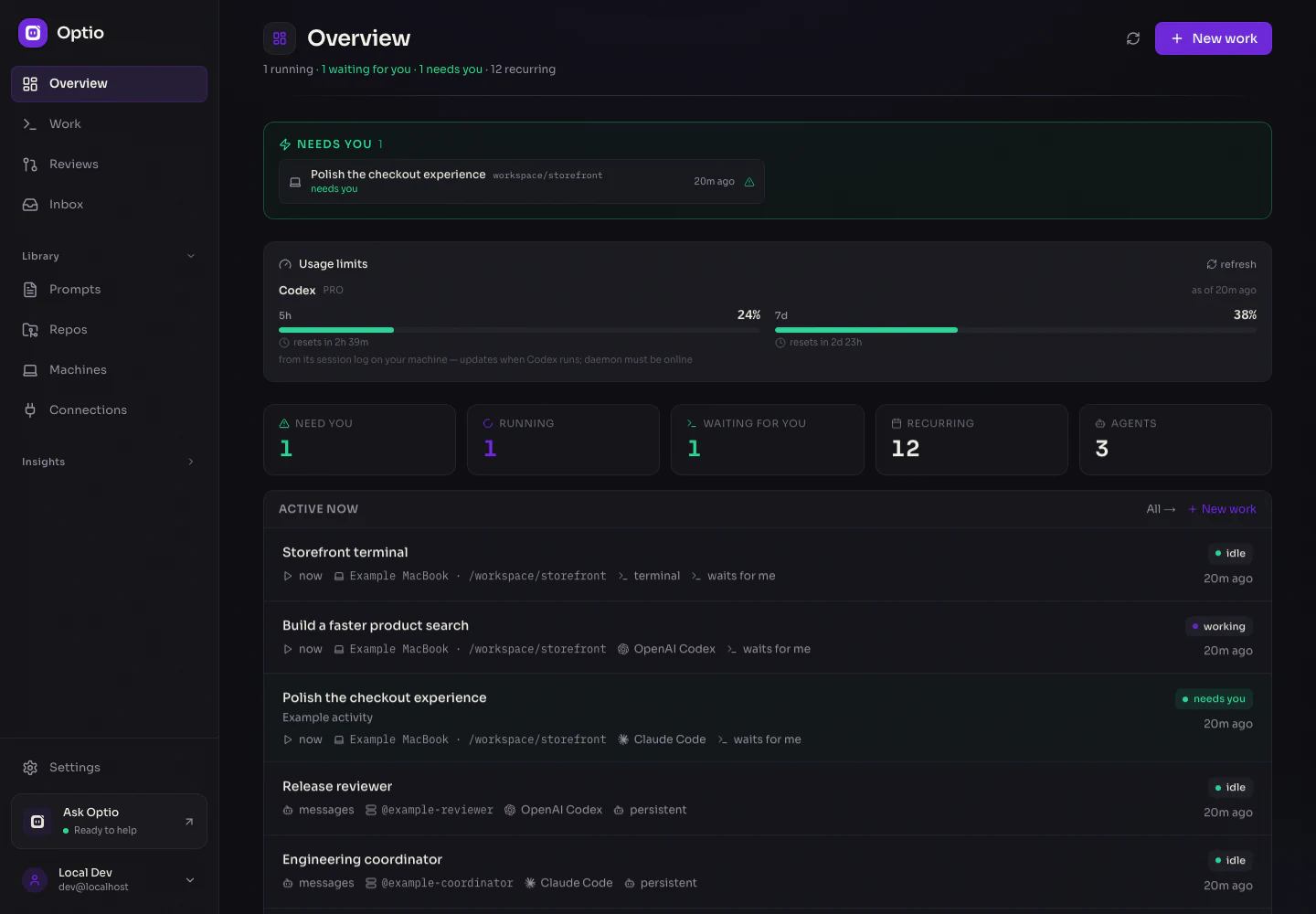 Optio Overview: needs-you queue, provider usage limits, local sessions, and persistent agents