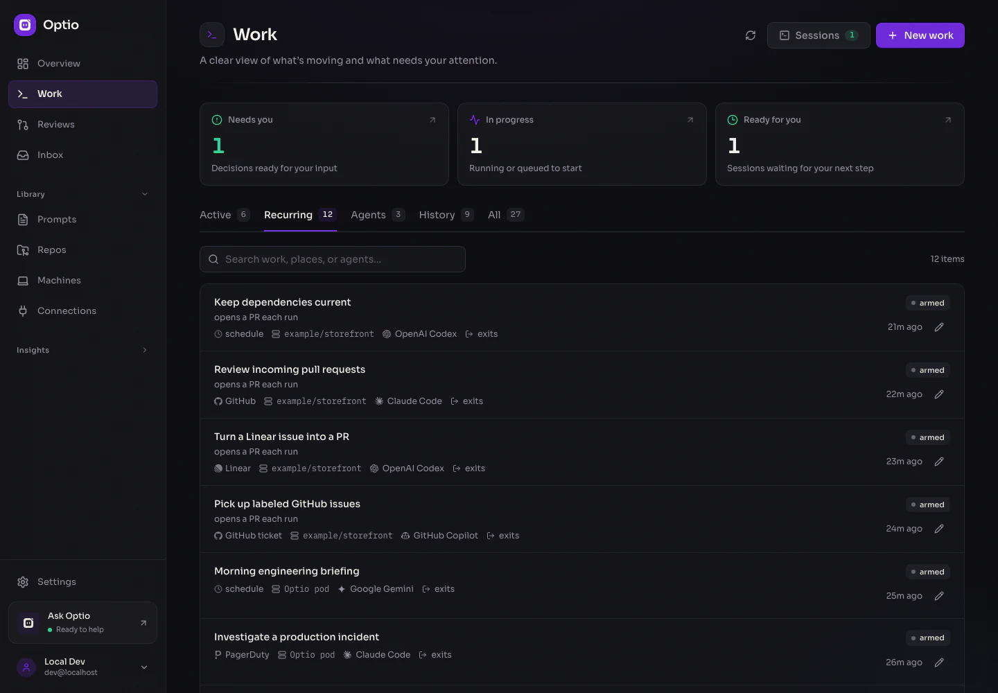 Recurring work with several agent runtimes and schedule, ticket, and event triggers