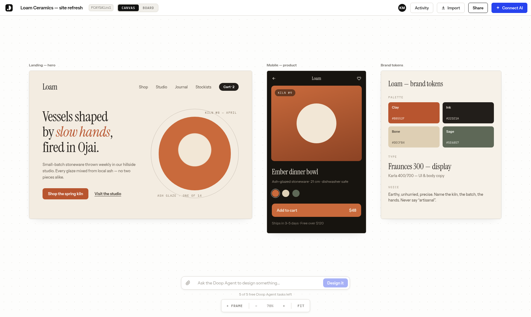 A doop canvas: three frames of a ceramics brand — landing hero, mobile product page and brand tokens