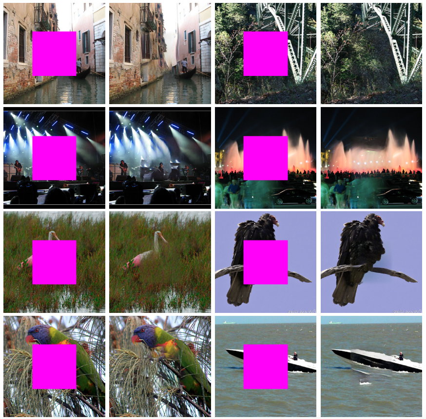 Sample inpainting results on held-out ImageNet images teaser