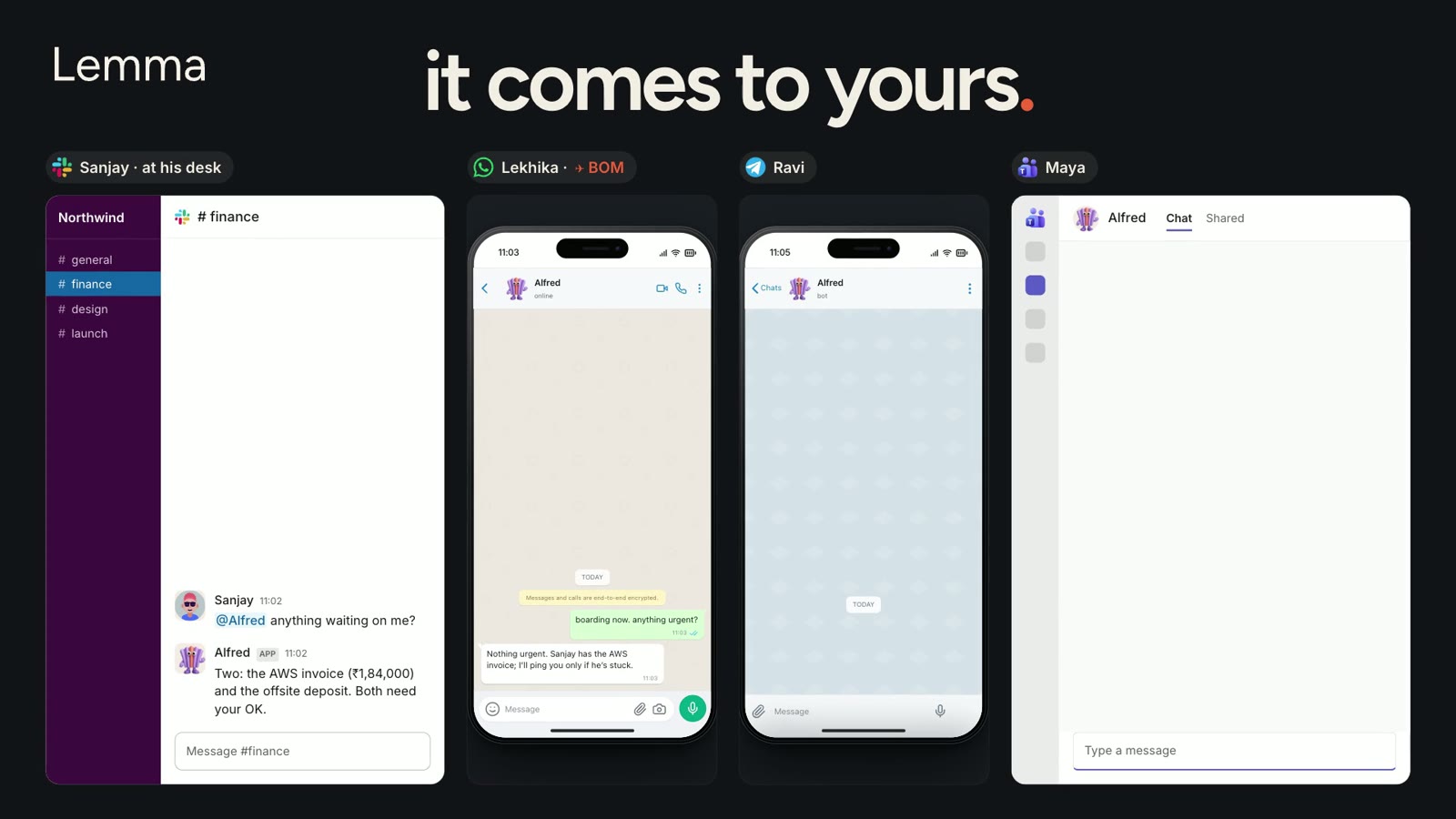The same teammate answering in Slack, on WhatsApp, on Telegram and in Teams, for four different people.