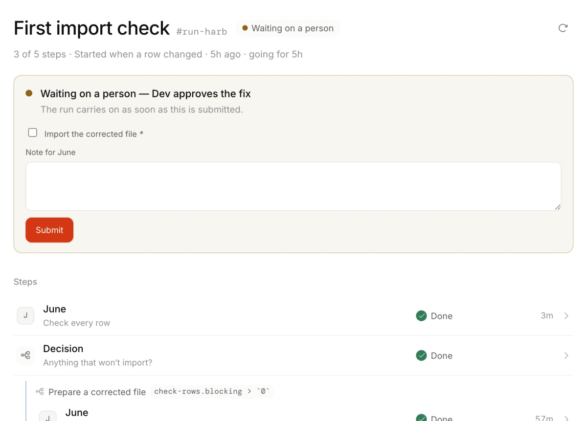 A workflow run waiting on Dev to approve a corrected import file before it carries on.