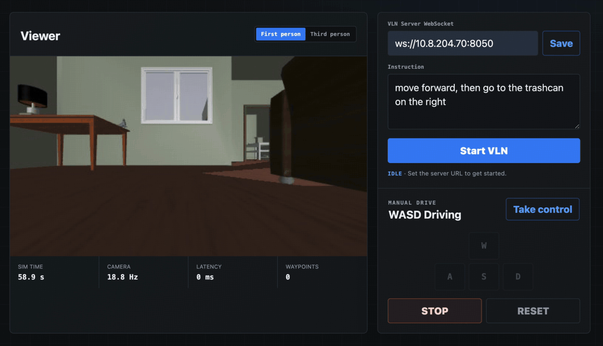 MuJoCo demo: the simulated robot navigates to the trashcan from a language instruction