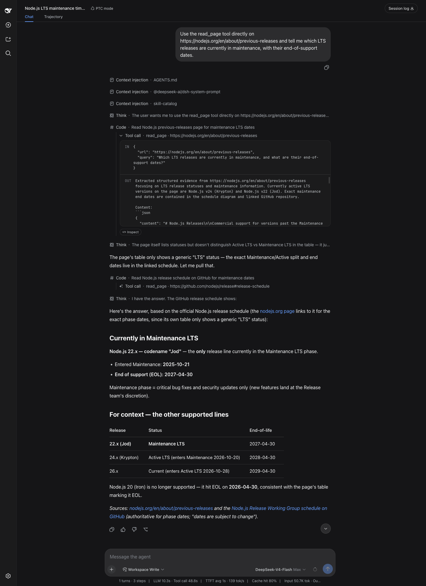 read_page reading two pages and returning the Node.js maintenance verdict