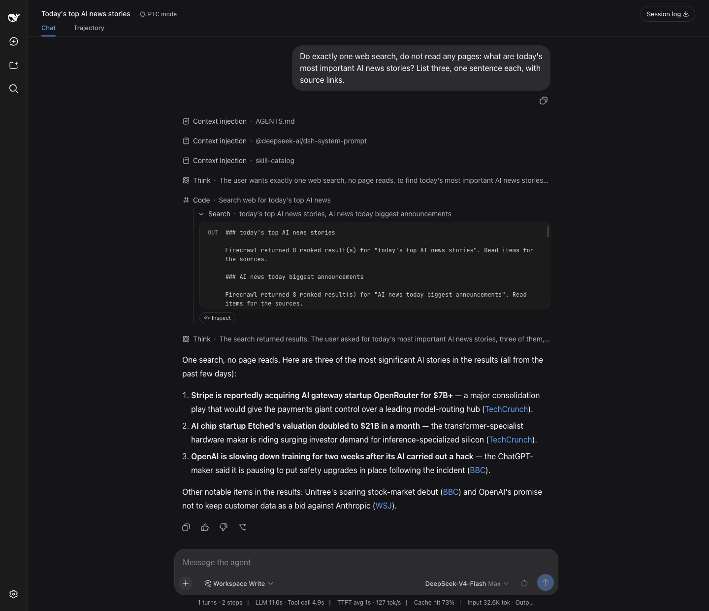 dsh web's native search running on the modsearch engine chain, returning three sourced stories
