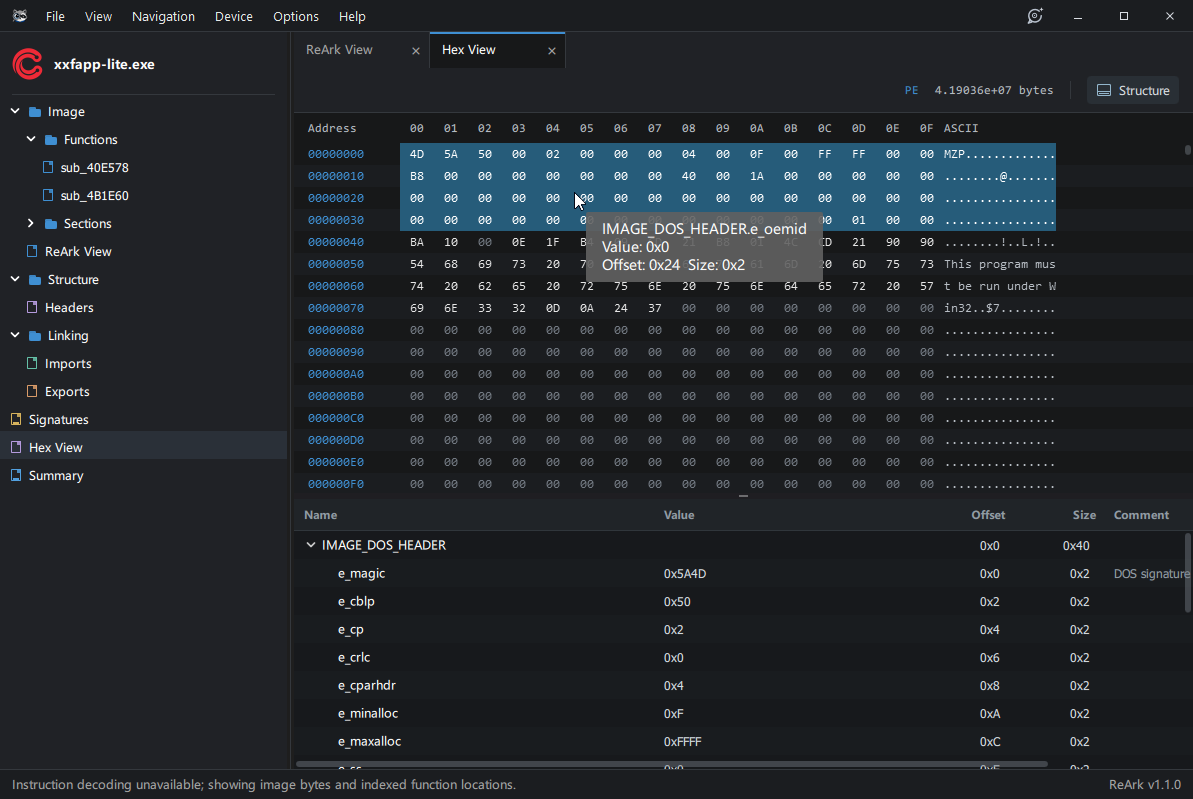 PE structured hex view