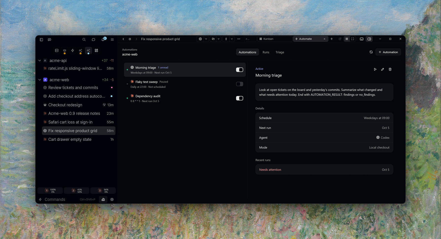 The Automate view listing a weekday morning triage, a paused flaky test sweep and a weekly dependency audit
