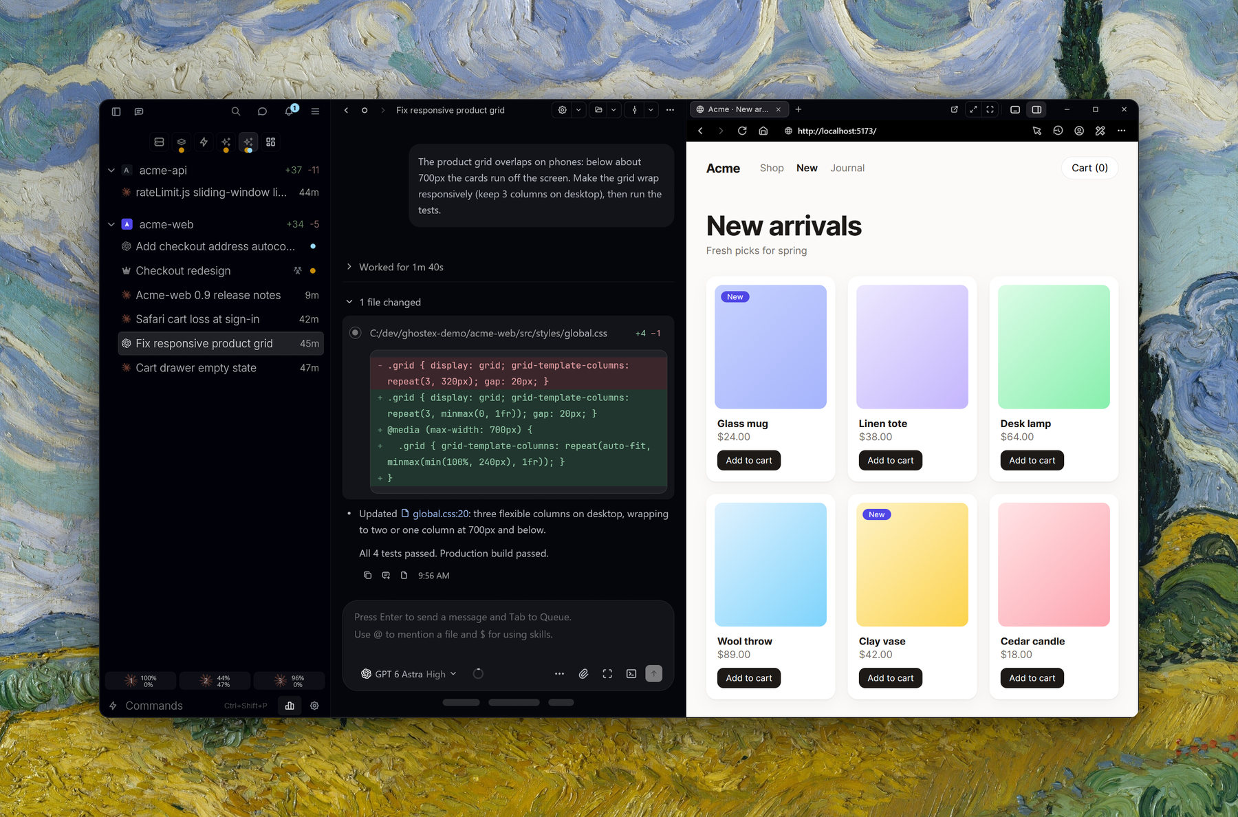 A Codex chat with its CSS fix next to the built-in browser showing the storefront on localhost