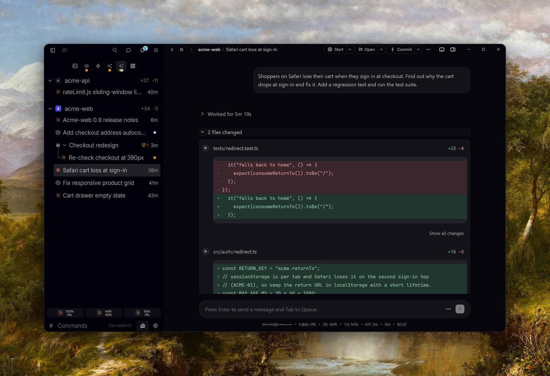 A Claude Code chat in Ghostex, showing the agent's two changed files as inline diffs under its reply