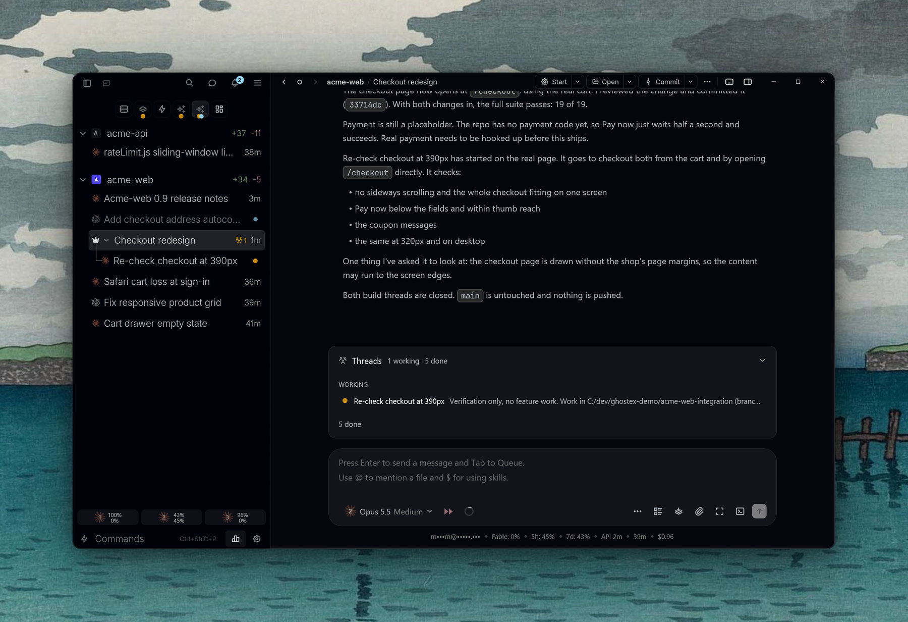 A coordinator named Checkout redesign with a crown in the sidebar, one thread under it, thread reports in the chat and a Threads panel listing one working and five done