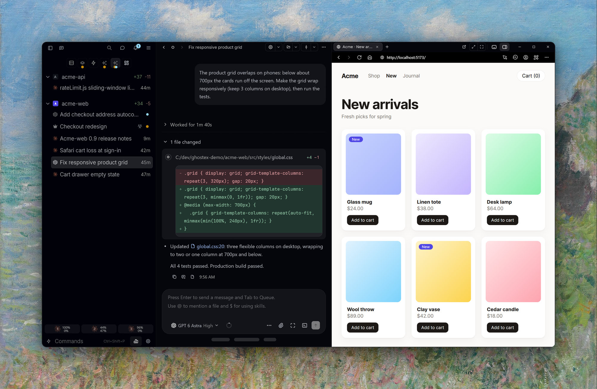 Ghostex with a Codex chat on the left showing a CSS fix as a diff, and the built-in browser on the right showing the fixed storefront grid