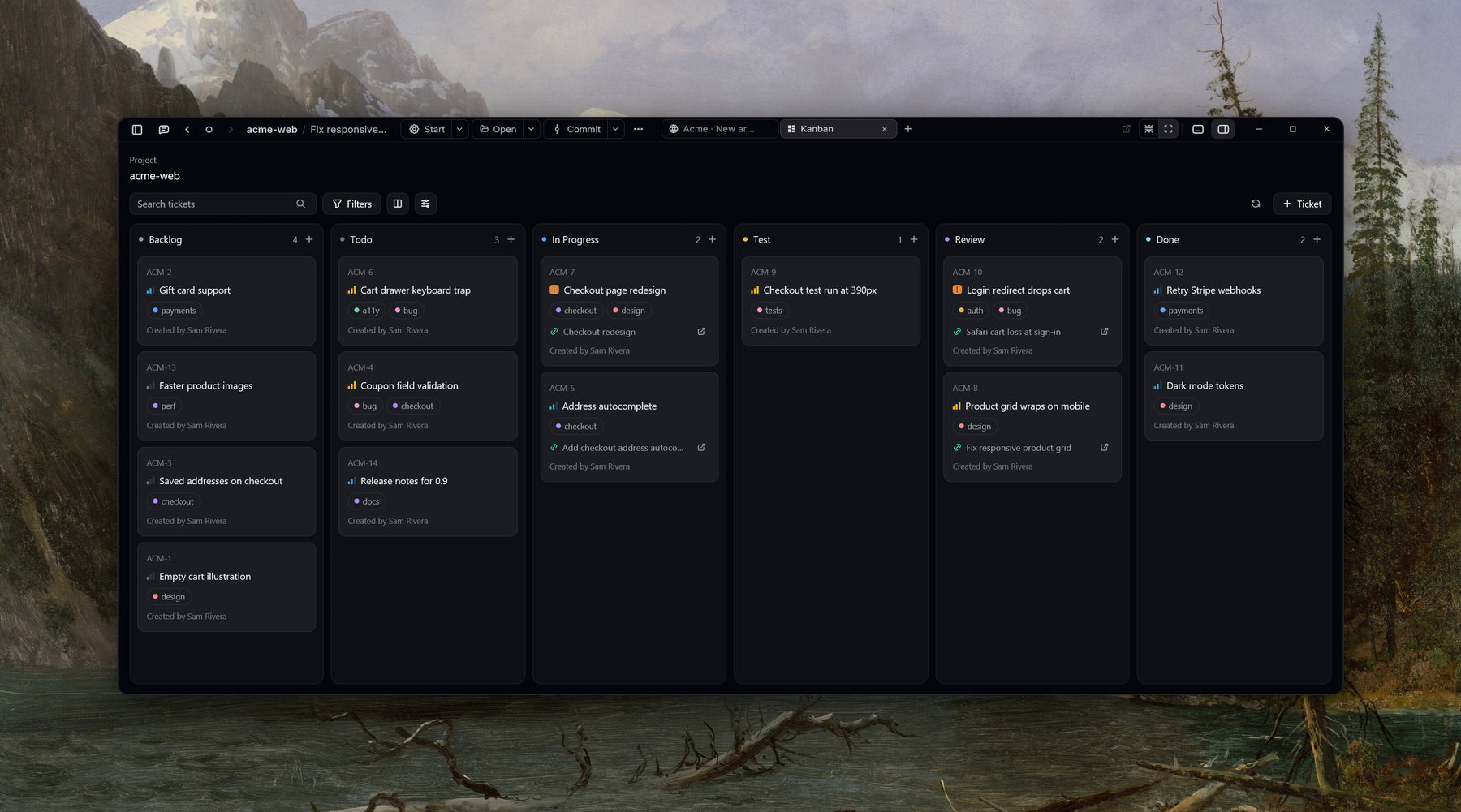 The Kanban board with Backlog, Todo, In Progress, Test, Review and Done lanes, with agent sessions linked to cards
