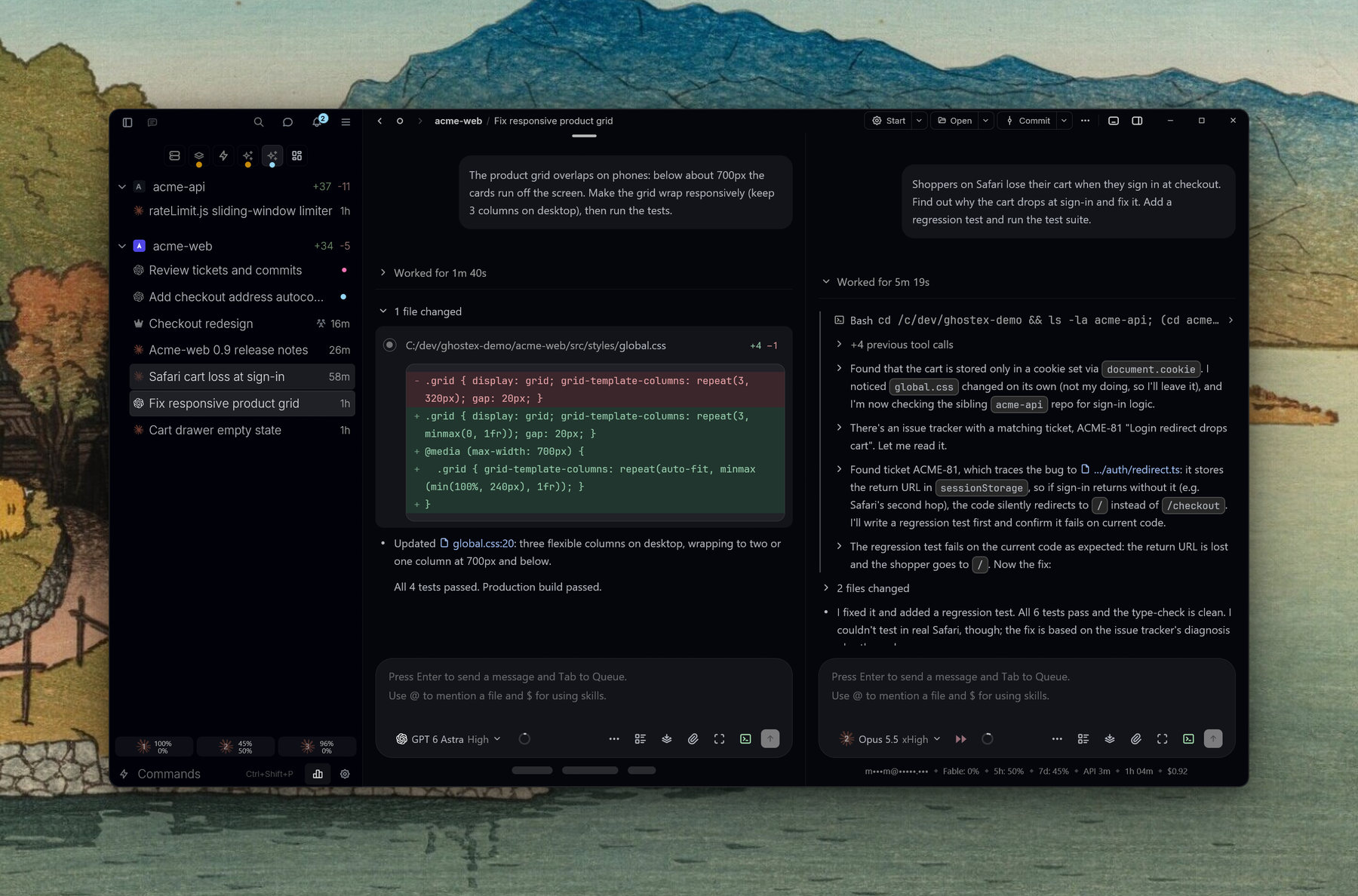 A Codex chat and a Claude Code chat split side by side in one window