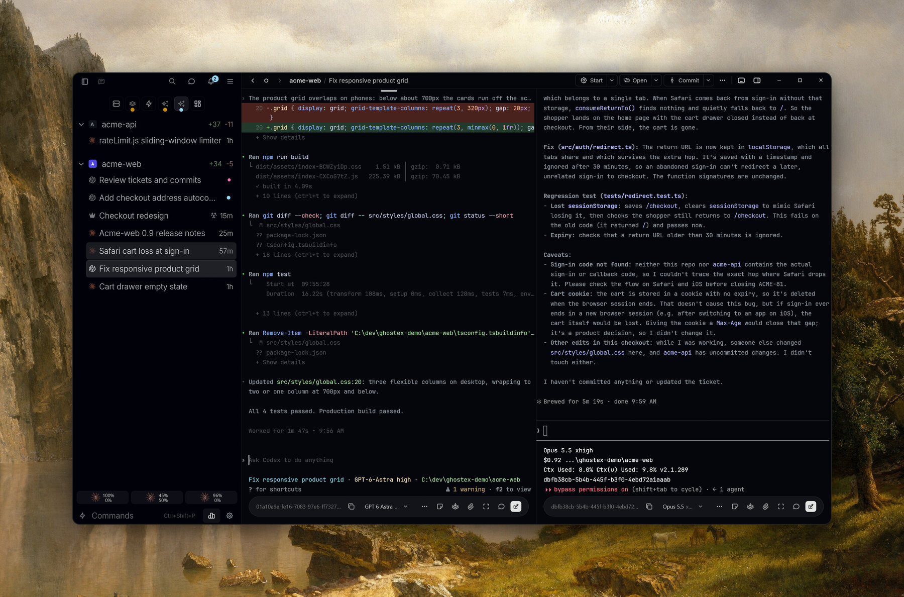 Two Ghostty terminals side by side: Codex on the left and Claude Code on the right, both showing their tool calls and results