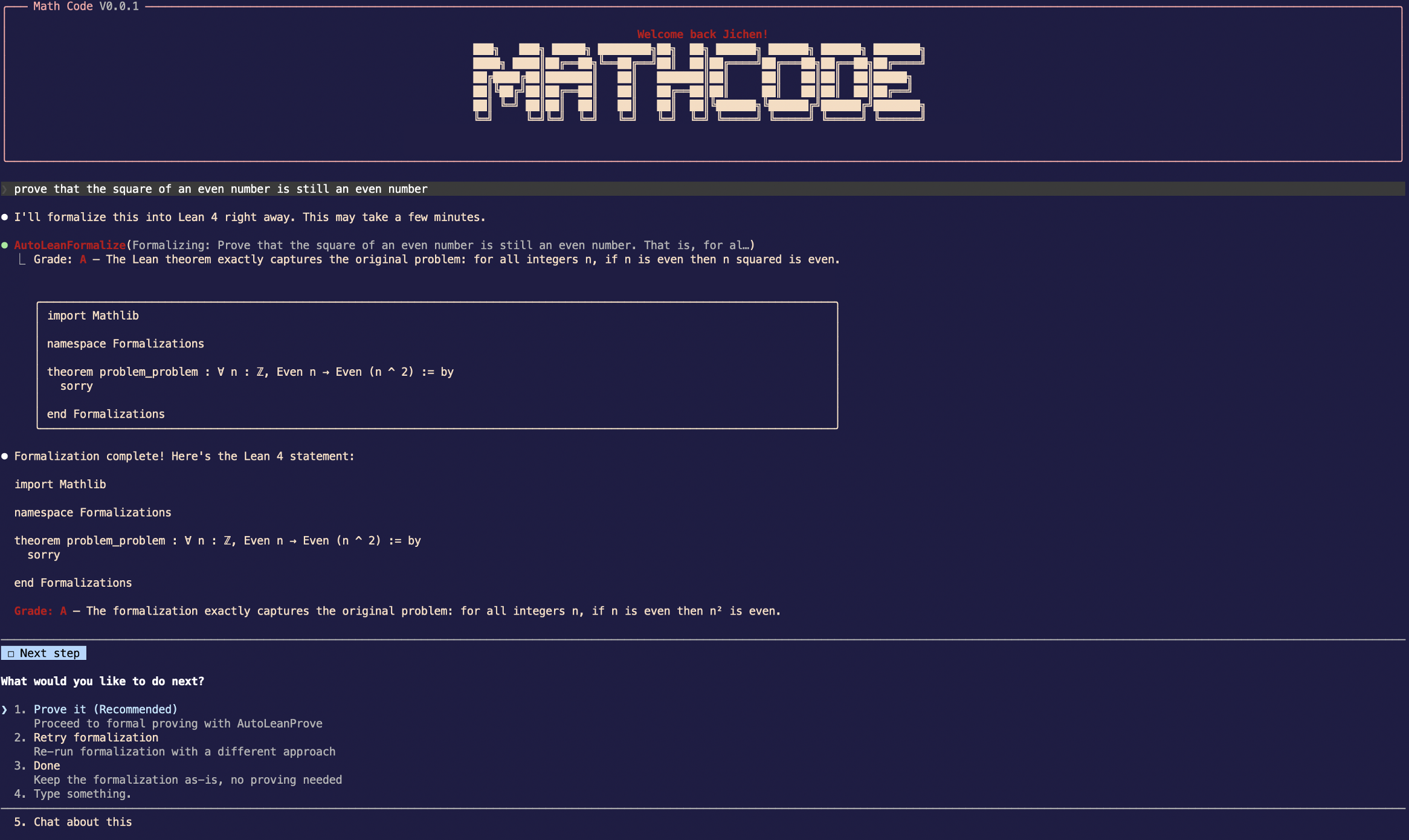 MathCode terminal demo