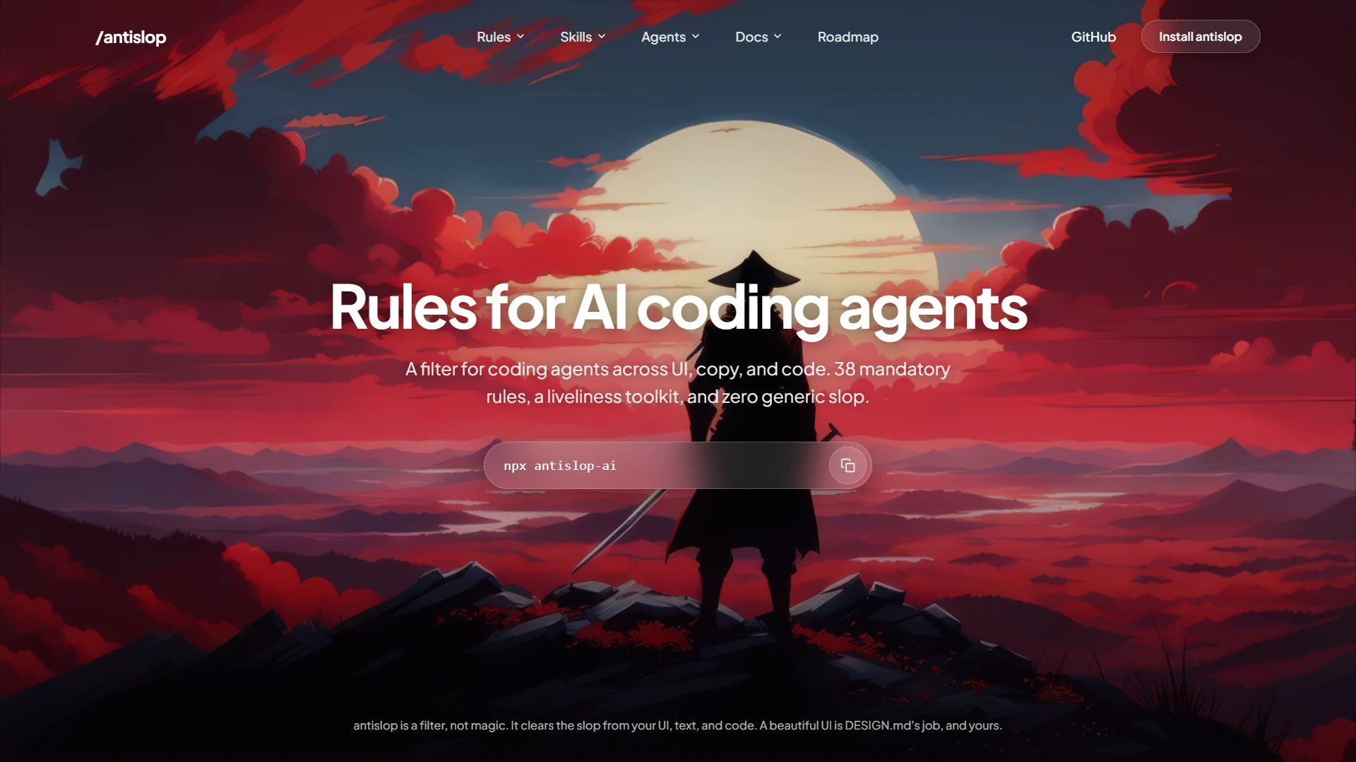 The same page with antislop and : a full-bleed illustrated hero with one honest headline and project-specific navigation