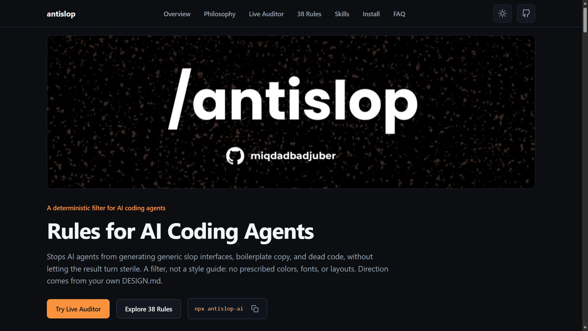 The same page with antislop: honest copy on a restrained dark layout with a single accent color