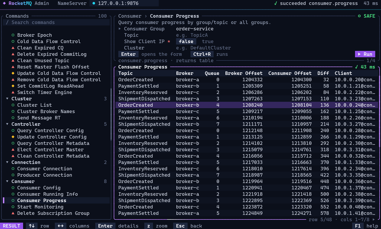 rocketmq-admin-tui showing consumer progress