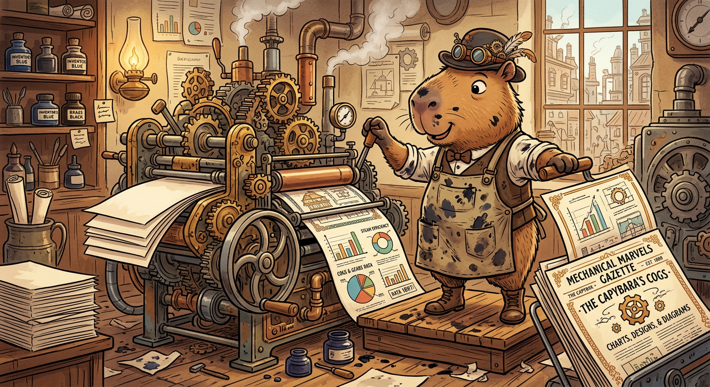 Steampunk Printer Capybara operating a printing press