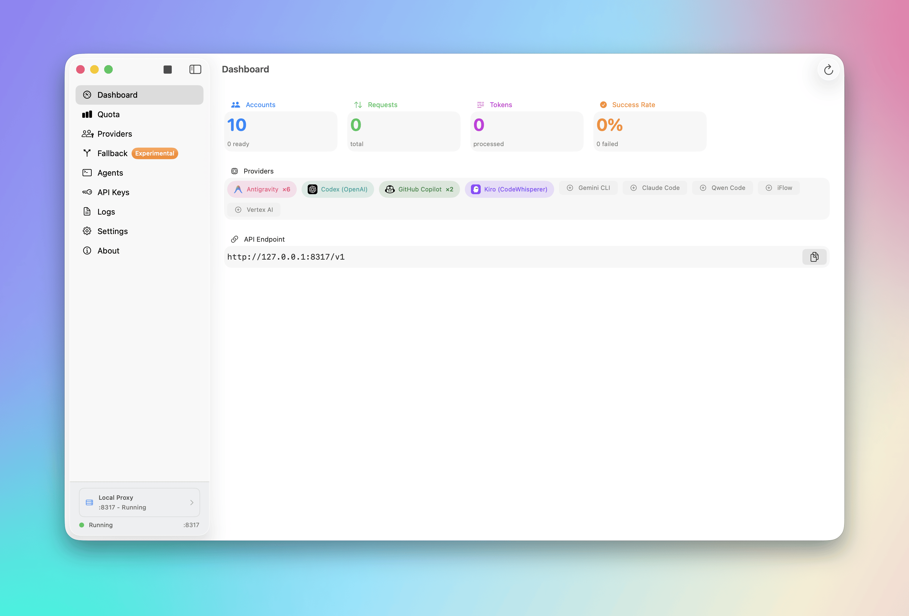 Quotio for macOS dashboard with local proxy status and quota summaries