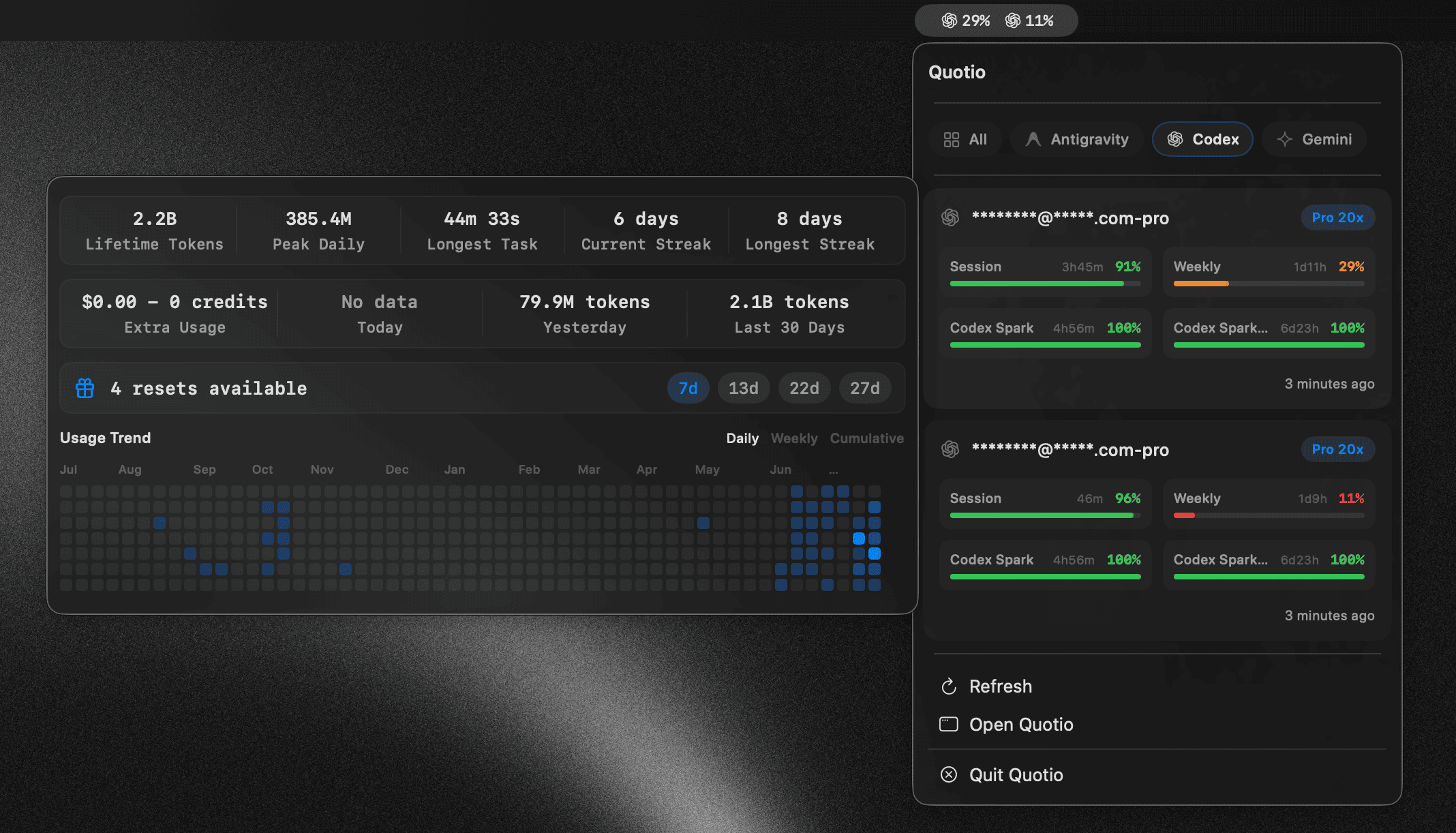 Quotio menu bar showing AI provider quota usage