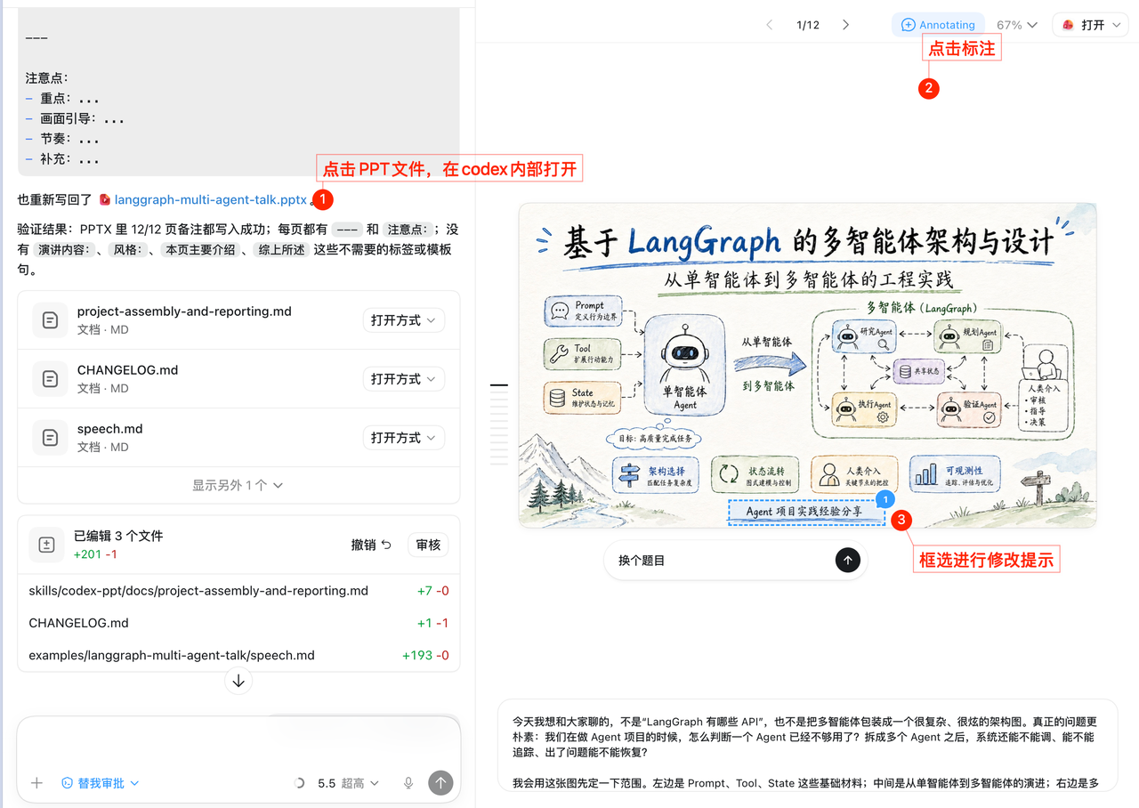 单页局部修改示意:打开 PPT、点击标注,并框选需要修改的位置
