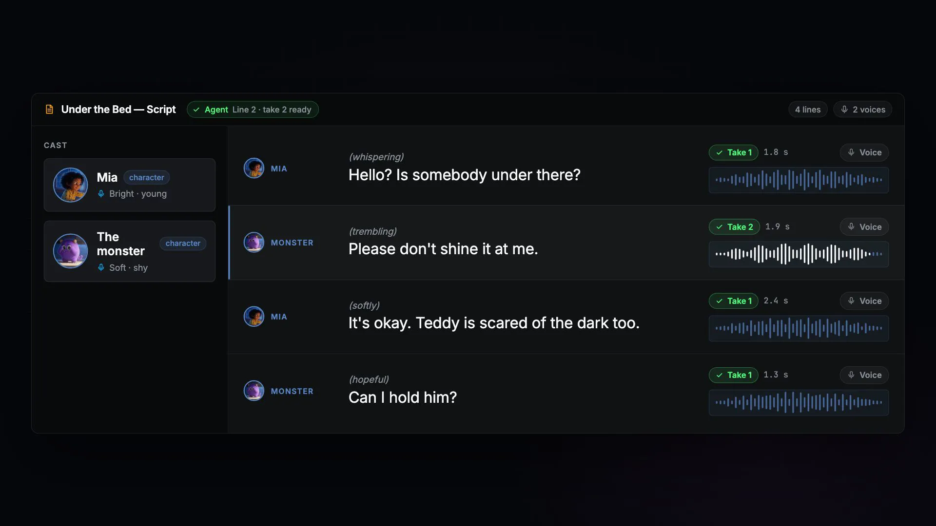 NodeTool script editor: the transcript panel beside the sequence it assembles into