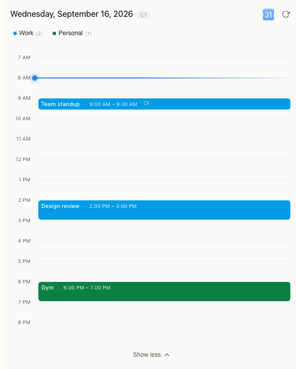 Cocal visual calendar showing work meetings and a personal gym session together on a timeline