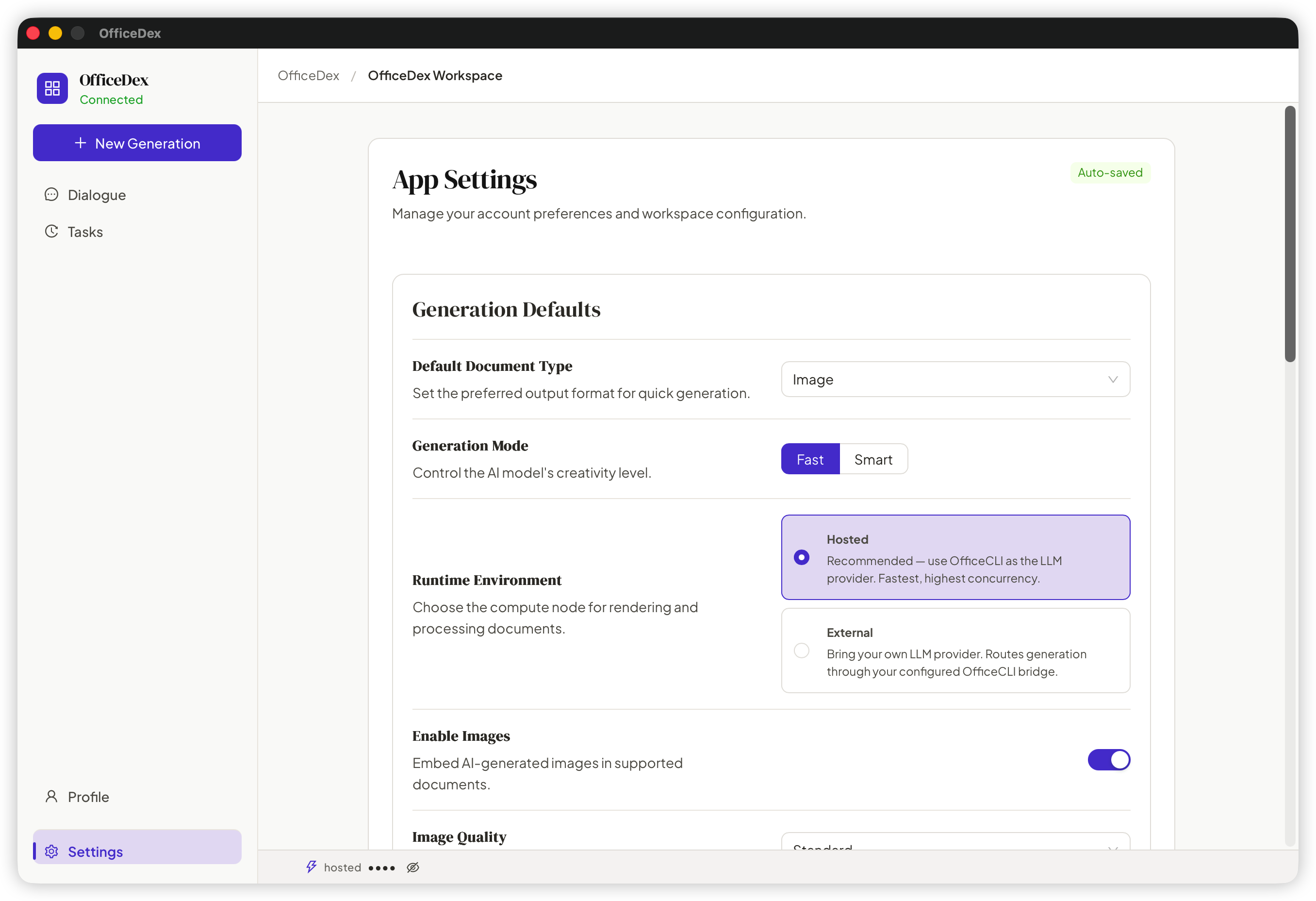 Settings page