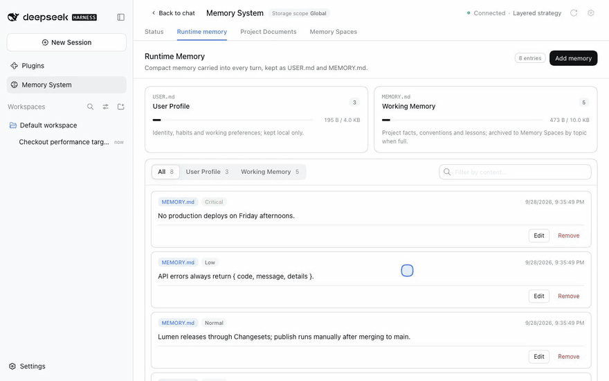 The Memory System: status, runtime memory, a document, the Memory Spaces graph, then an Agent answer with citations