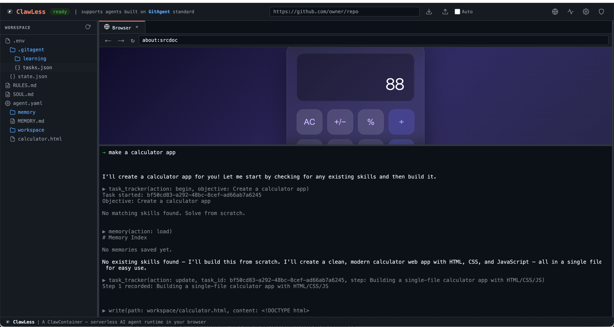 ClawLess — AI Agent building a calculator app inside a WASM sandbox