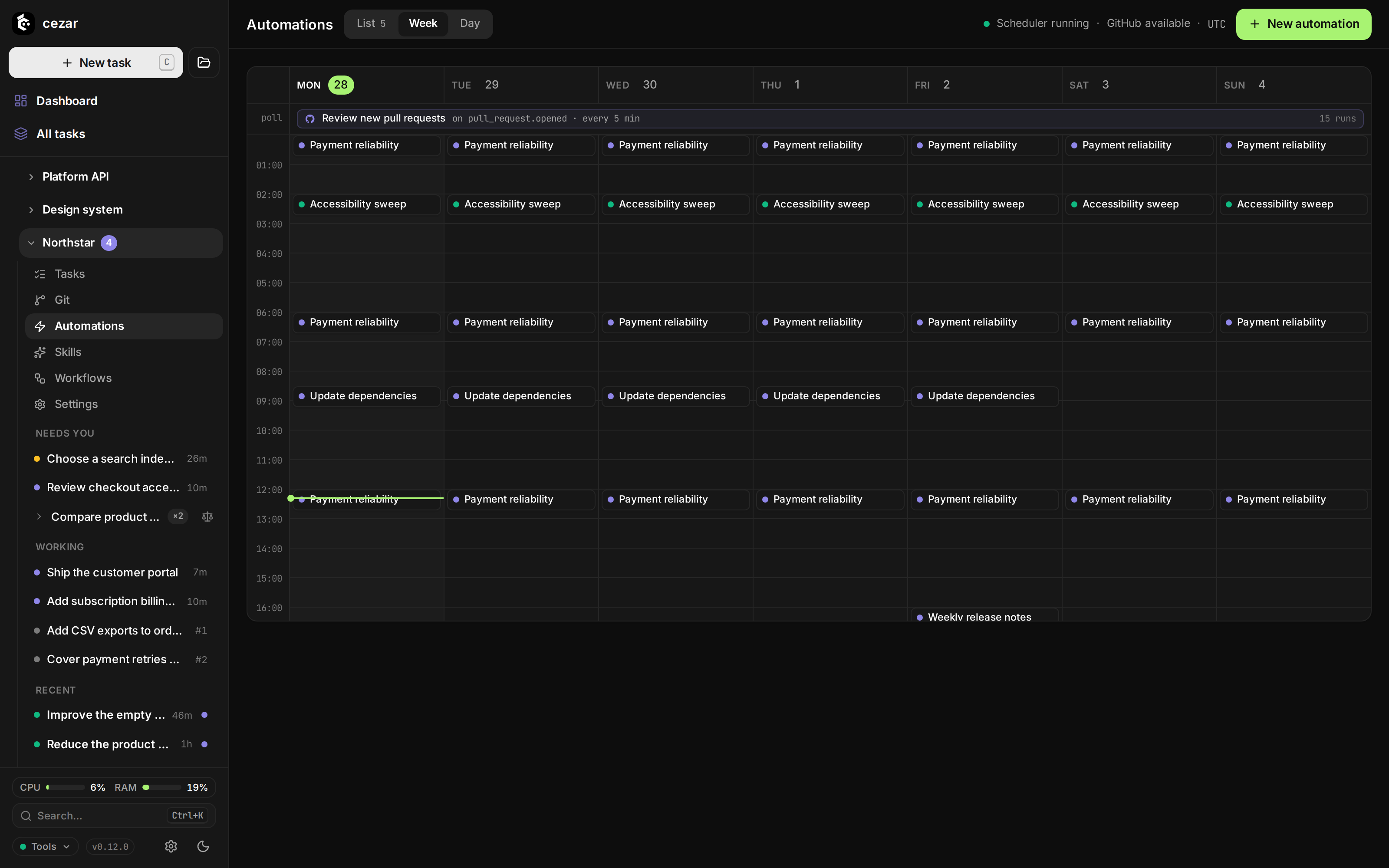 Automations: A weekly calendar of scheduled tasks and a pull-request review trigger.