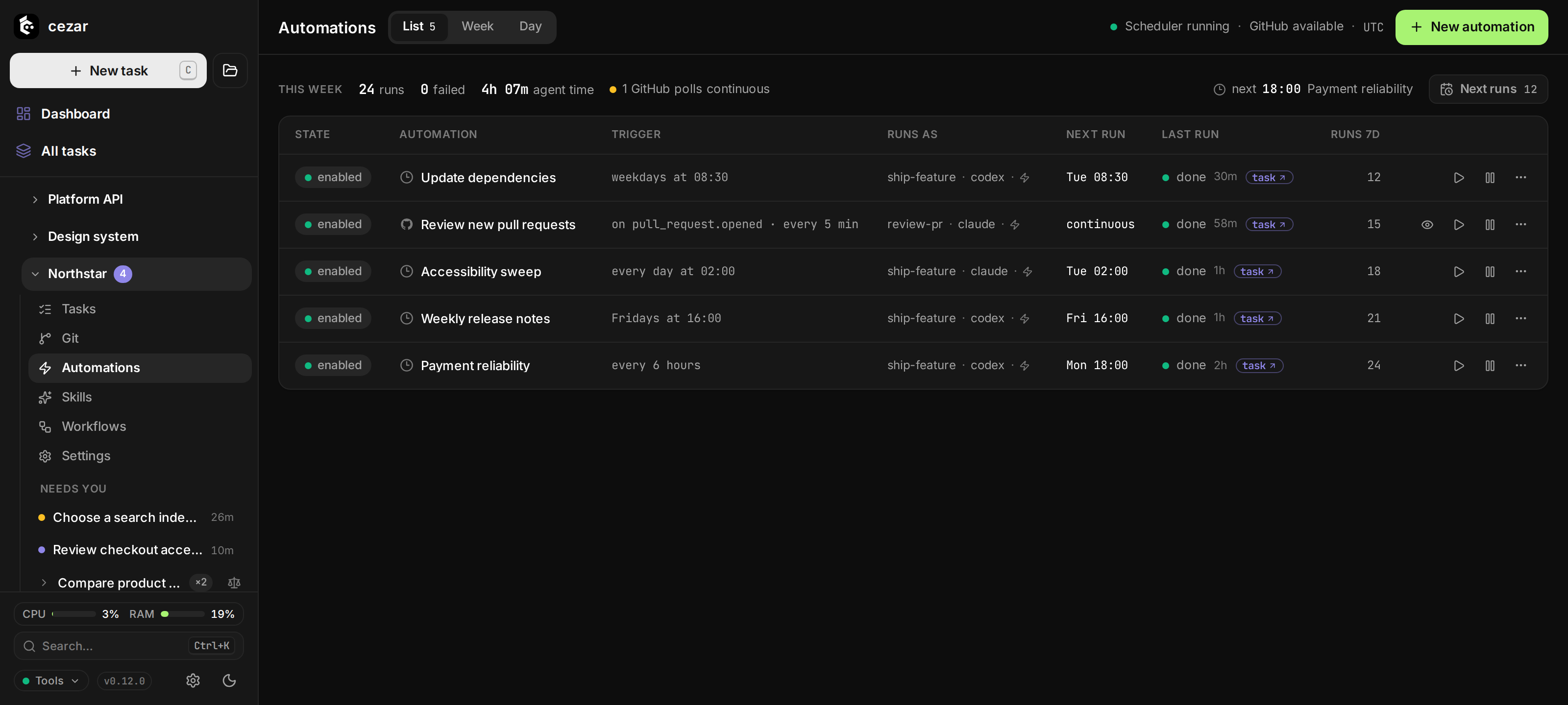 Automation list: Triggers, next runs and recent task outcomes.