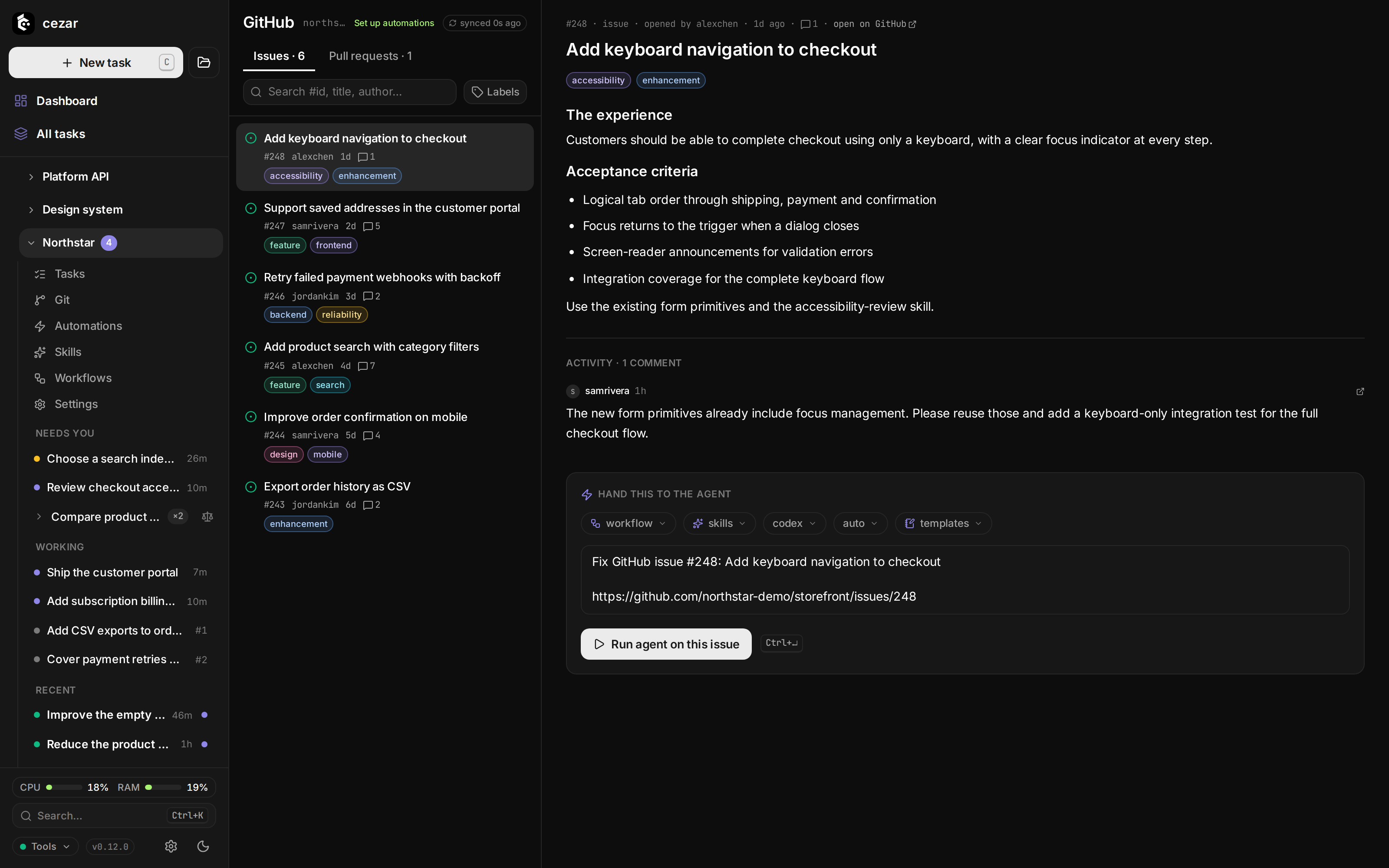 GitHub: Hand an open issue to the agent in one click.