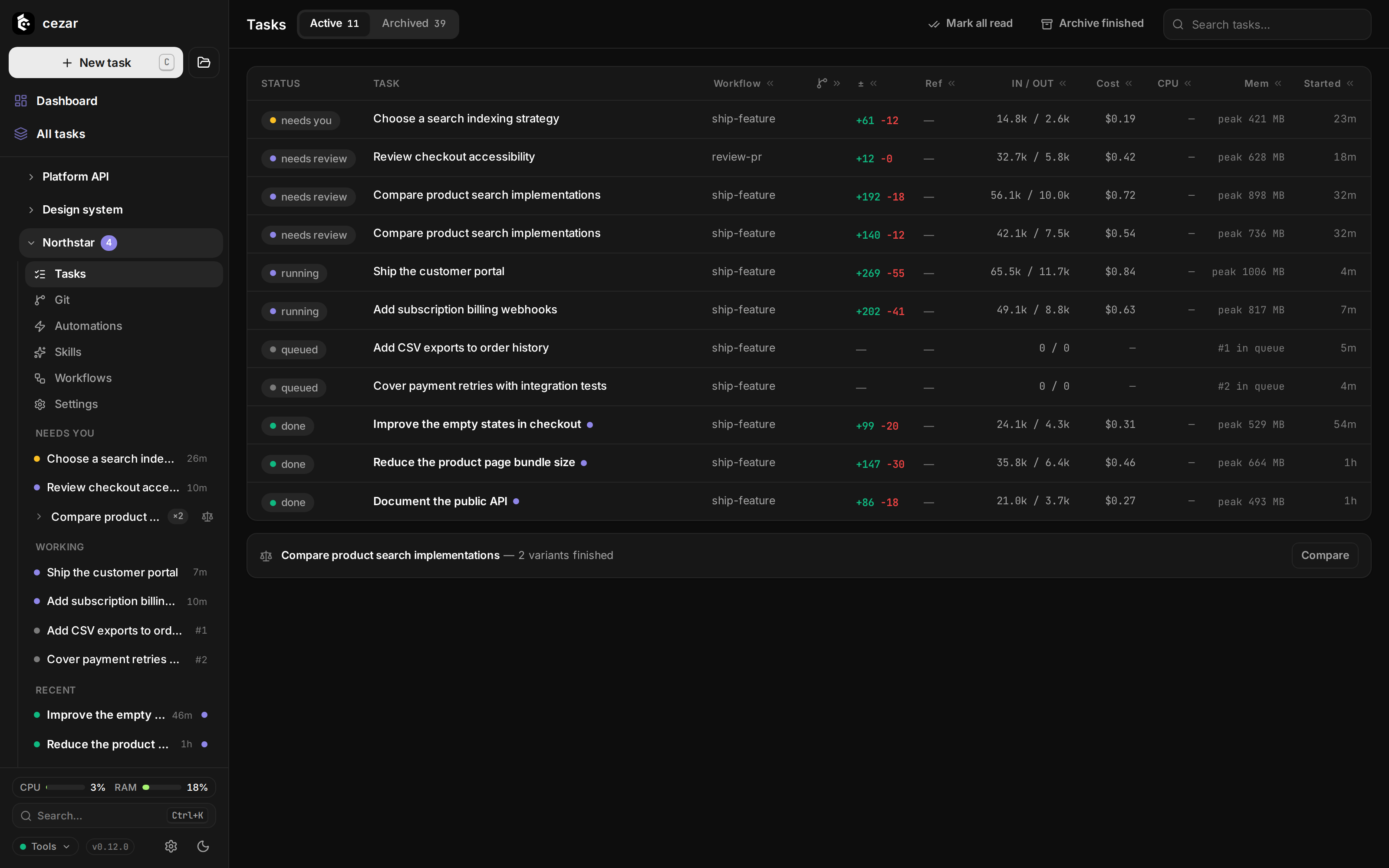 Parallel tasks: Run and queue many tasks, each in its own git worktree.
