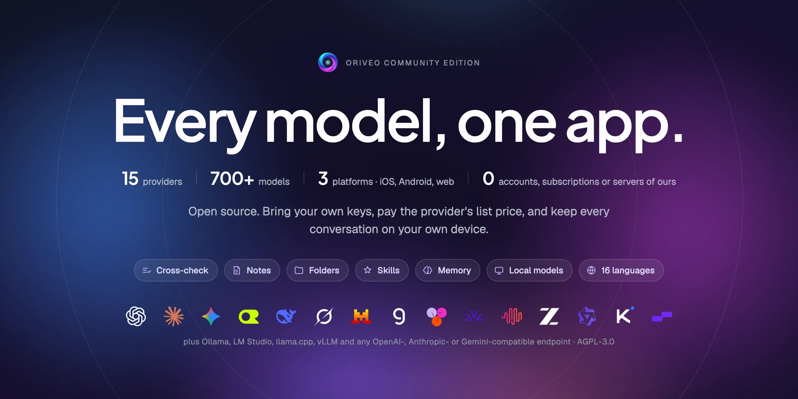 Oriveo Community Edition: every model, one app. 15 providers, 700+ models, iOS, Android and web.