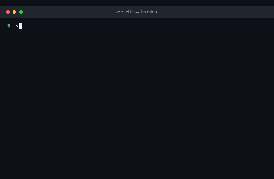 serviette demo: the terminal output up to the Ready line, the chat answering a question, a one-line edit of a document in a second terminal, and the same question answered with the new value